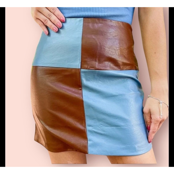 Timing Faux Leather Mini Skirt Medium Blue Brown NWT - Picture 1 of 7